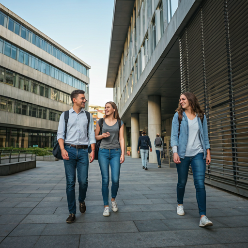 students walking through a modern university campus